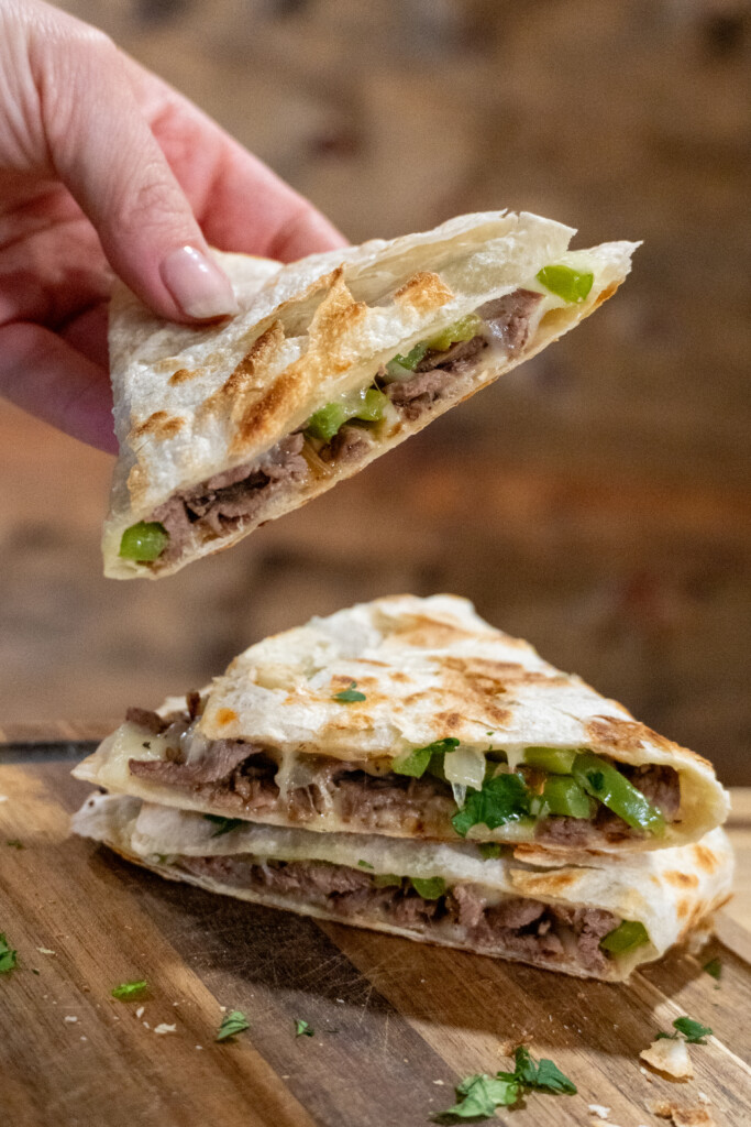 Venison Cheesesteak Quesadillas with Peppers and Onions
