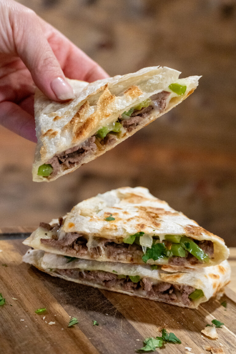 Venison Cheesesteak Quesadillas with Peppers and Onions